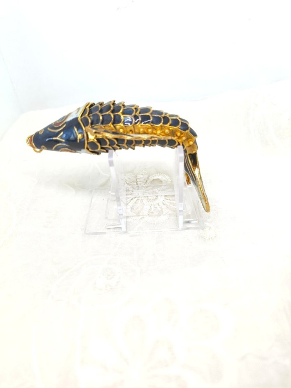 VTG Chinese Gilt Silver & Cloisonne Deep Blue Enamel Fish/Koi Pendant 4.5" LRG - Picture 4 of 11